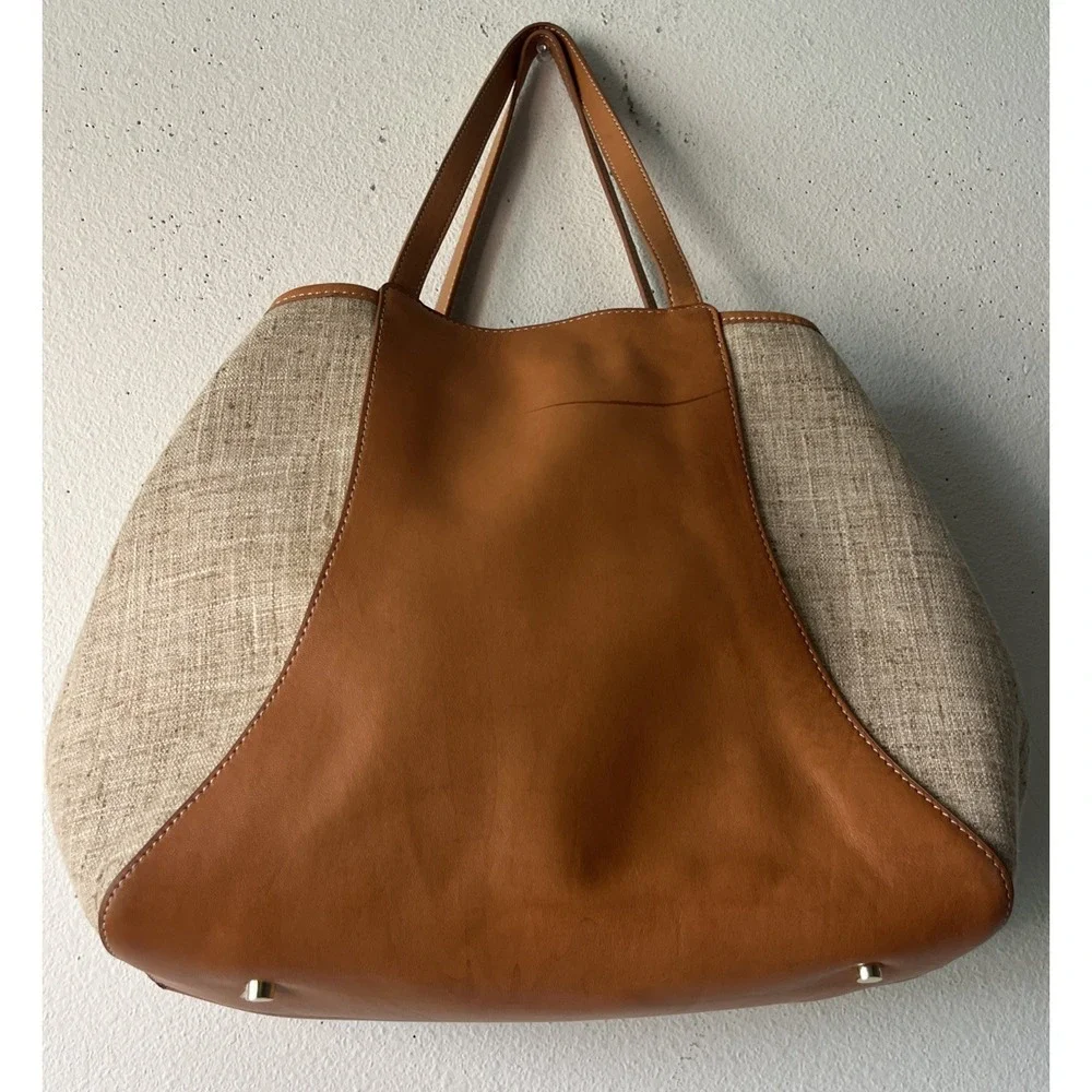 J. McLaughlin Tan Leather and Beige Canvas Hobo Bag